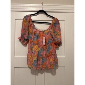 New Women's Peasant Babydoll Short Sleeve Floral Top Size XS Lined Elastic Neck